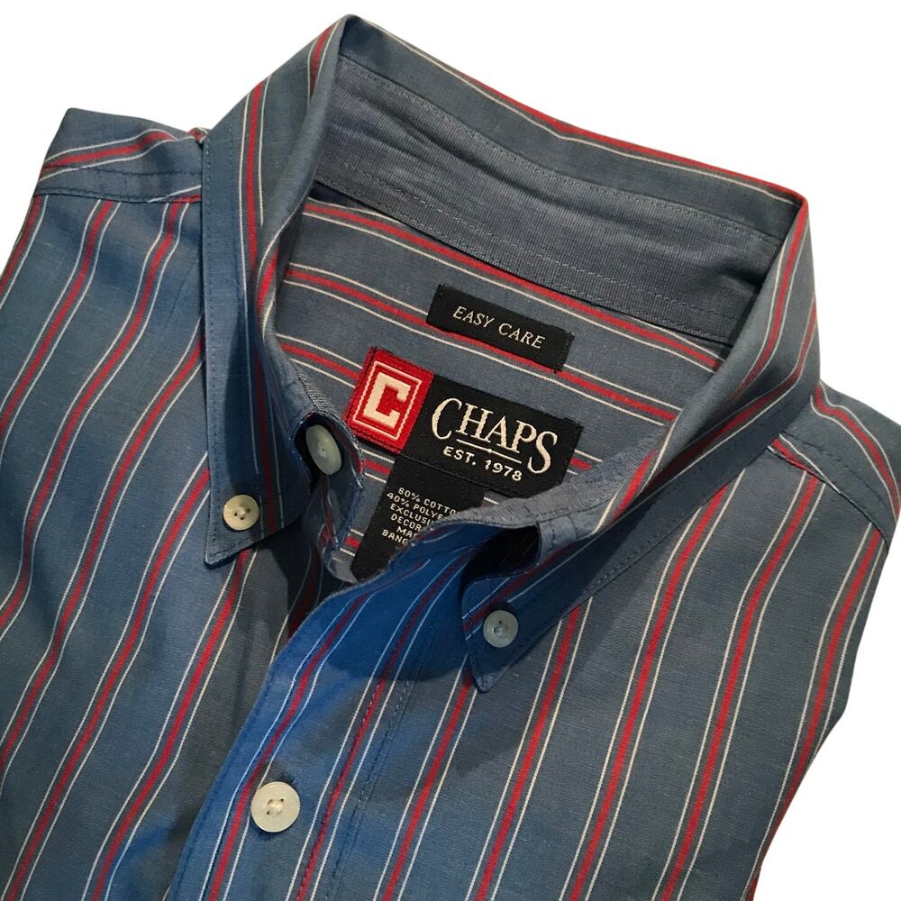 Chaps Shirt Medium Mens Striped Button Down Long Sleeve Dress Business Blue Red